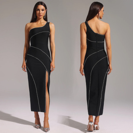 Fashionable women's slanted shoulder rhinestone sexy chest hugging slim fit dress
