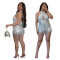 Sexy lace up sleeveless jumpsuit with sequins and tassels, short and slim fit pearl pants