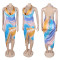Deep V-neck bead hanging neck sexy high slit printed pattern silk texture dress
