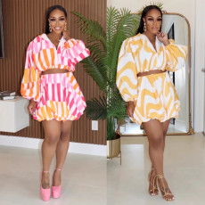 New Fashion Women's Bubble Sleeve Design Short Shirt High Waist Short Skirt Cover