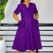 New fashionable V-neck three-dimensional flower short sleeved waist cinched A-line skirt