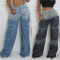 Women's clothing source for spring and summer new styles, women's fashionable and casual multi pocket gradient denim wide leg pants