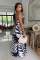 Fashionable and sexy printed neck hanging top, wide leg pants two-piece set