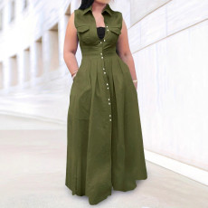 Women's casual fashion solid color shirt collar sleeveless single breasted dress mid length