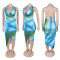Deep V-neck bead hanging neck sexy high slit printed pattern silk texture dress