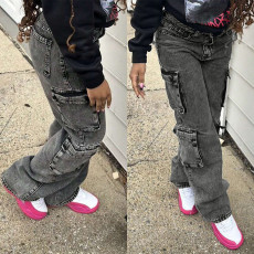 Fashion denim pants, women's casual high waisted straight leg pants