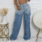 Women's clothing source for spring and summer new styles, women's fashionable and casual multi pocket gradient denim wide leg pants