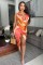 Deep V-neck bead hanging neck sexy high slit printed pattern silk texture dress