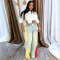 Ladies' casual drawstring high waisted contrasting splicing gradient straight leg denim pants