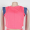 Women's denim patchwork design short sleeved top shorts set two-piece set