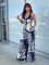 Fashionable and sexy printed neck hanging top, wide leg pants two-piece set