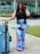 Women's new casual and fashionable distressed patch blue jeans micro flared pants