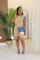 Women's denim patchwork design short sleeved top shorts set two-piece set