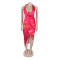 Deep V-neck bead hanging neck sexy high slit printed pattern silk texture dress