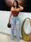 Fashionable classic embroidery retro artistic blue high waisted wide leg denim pants