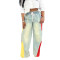 Ladies' casual drawstring high waisted contrasting splicing gradient straight leg denim pants