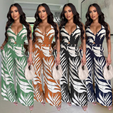 Fashionable and sexy printed neck hanging top, wide leg pants two-piece set