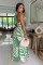 Fashionable and sexy printed neck hanging top, wide leg pants two-piece set