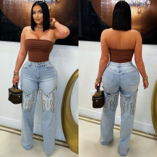 Fashionable classic embroidery retro artistic blue high waisted wide leg denim pants