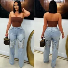 Fashionable classic embroidery retro artistic blue high waisted wide leg denim pants