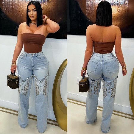 Fashionable classic embroidery retro artistic blue high waisted wide leg denim pants