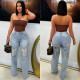 Fashionable classic embroidery retro artistic blue high waisted wide leg denim pants