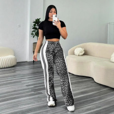 Leopard print high waisted straight leg pants for women, casual and loose, side striped patchwork versatile pants