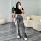 Leopard print high waisted straight leg pants for women, casual and loose, side striped patchwork versatile pants