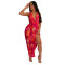 Deep V-neck bead hanging neck sexy high slit printed pattern silk texture dress