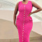 Casual and fashionable solid color sleeveless single breasted temperament slit dress long style
