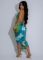 Deep V-neck bead hanging neck sexy high slit printed pattern silk texture dress