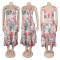 Women's sexy slit skirt elegant printed suspender dress