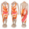 Deep V-neck bead hanging neck sexy high slit printed pattern silk texture dress
