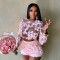 Embroidered net set round neck long sleeved top paired with sexy shorts two-piece set for women