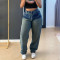 New casual fashion trend for women's clothing, distressed washed blue jeans, straight leg pants