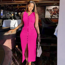 Casual and fashionable solid color sleeveless single breasted temperament slit dress long style