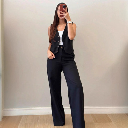 Women's French style commuting OL V-neck black sleeveless suit button high waisted wide leg pants