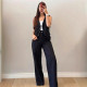 Women's French style commuting OL V-neck black sleeveless suit button high waisted wide leg pants