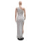 Fashion trend sequin deep V hanging neck bag hip skirt new sexy slim fit micro revealing back long skirt for women