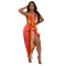 Deep V-neck bead hanging neck sexy high slit printed pattern silk texture dress