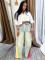 Ladies' casual drawstring high waisted contrasting splicing gradient straight leg denim pants