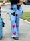 Women's new casual and fashionable distressed patch blue jeans micro flared pants