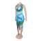 Deep V-neck bead hanging neck sexy high slit printed pattern silk texture dress