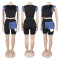 Women's denim patchwork design short sleeved top shorts set two-piece set