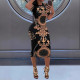 Women's casual fashion luxury gold print elegant slim fit mid length dress