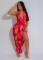 Deep V-neck bead hanging neck sexy high slit printed pattern silk texture dress