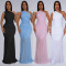 Fashionable women's dress with sloping shoulders and sexy perspective solid color dress