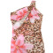 New oblique neck hollowed out see through mesh printed dress for women's wear
