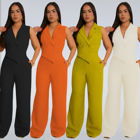 Fashion women's temperament solid color V-neck suit wide leg jumpsuit
