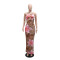 New oblique neck hollowed out see through mesh printed dress for women's wear